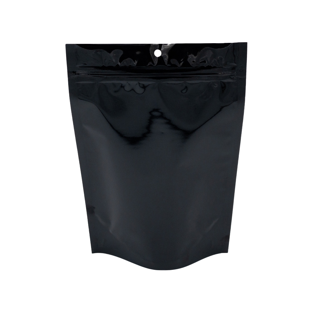 3.43" x 5" + 1-1/2"  - 4 Mil Black Gloss/Clear Stand Up Pouch; 1,000/case