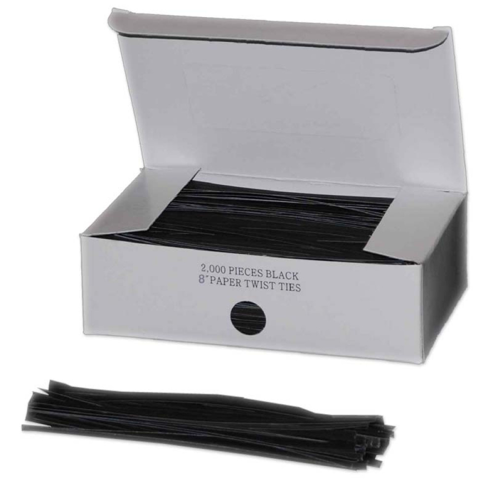 8" Black Paper Twist Ties; 2000/box